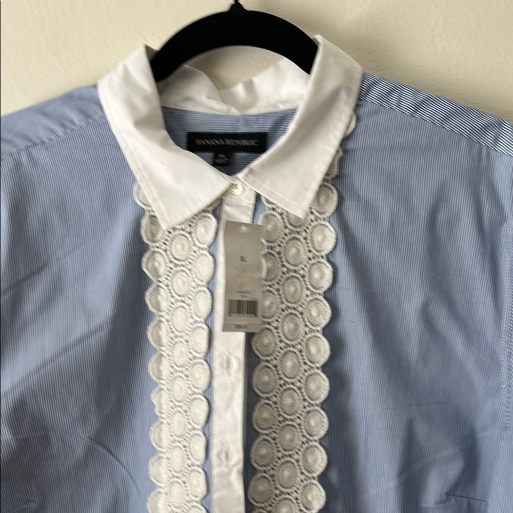 Banana Republic Blue and White Button Down Shirt with Ornate Lace